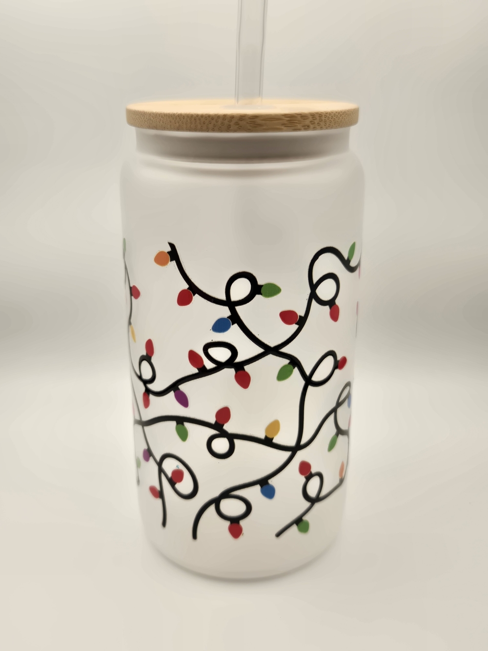 Ceramic Holiday Tumbler with Bamboo Lid and Straw - White with Multicolor Lights